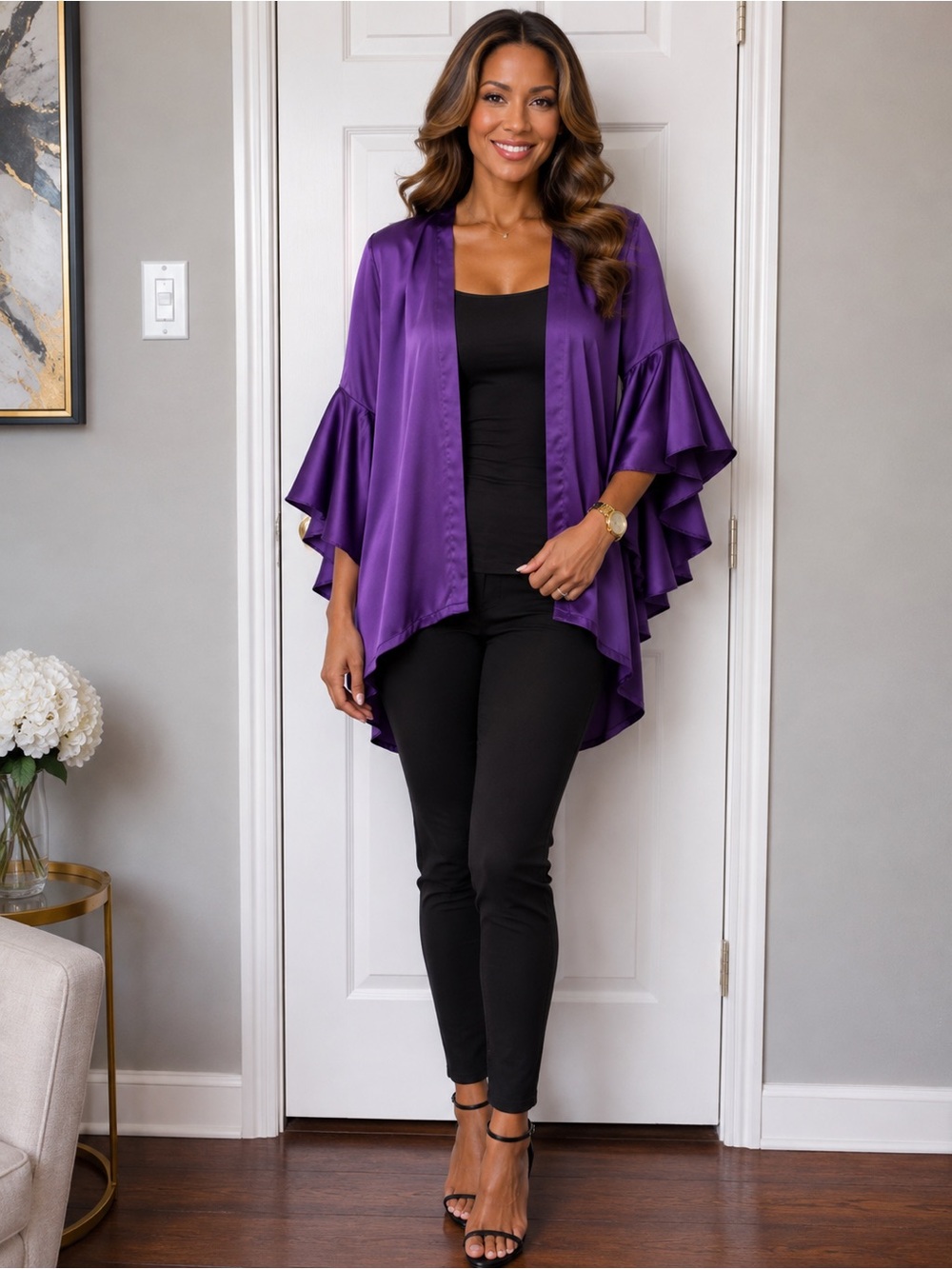 Vivo Satin-Look Purple Open Drape Cardigan with Ruffle Sleeves